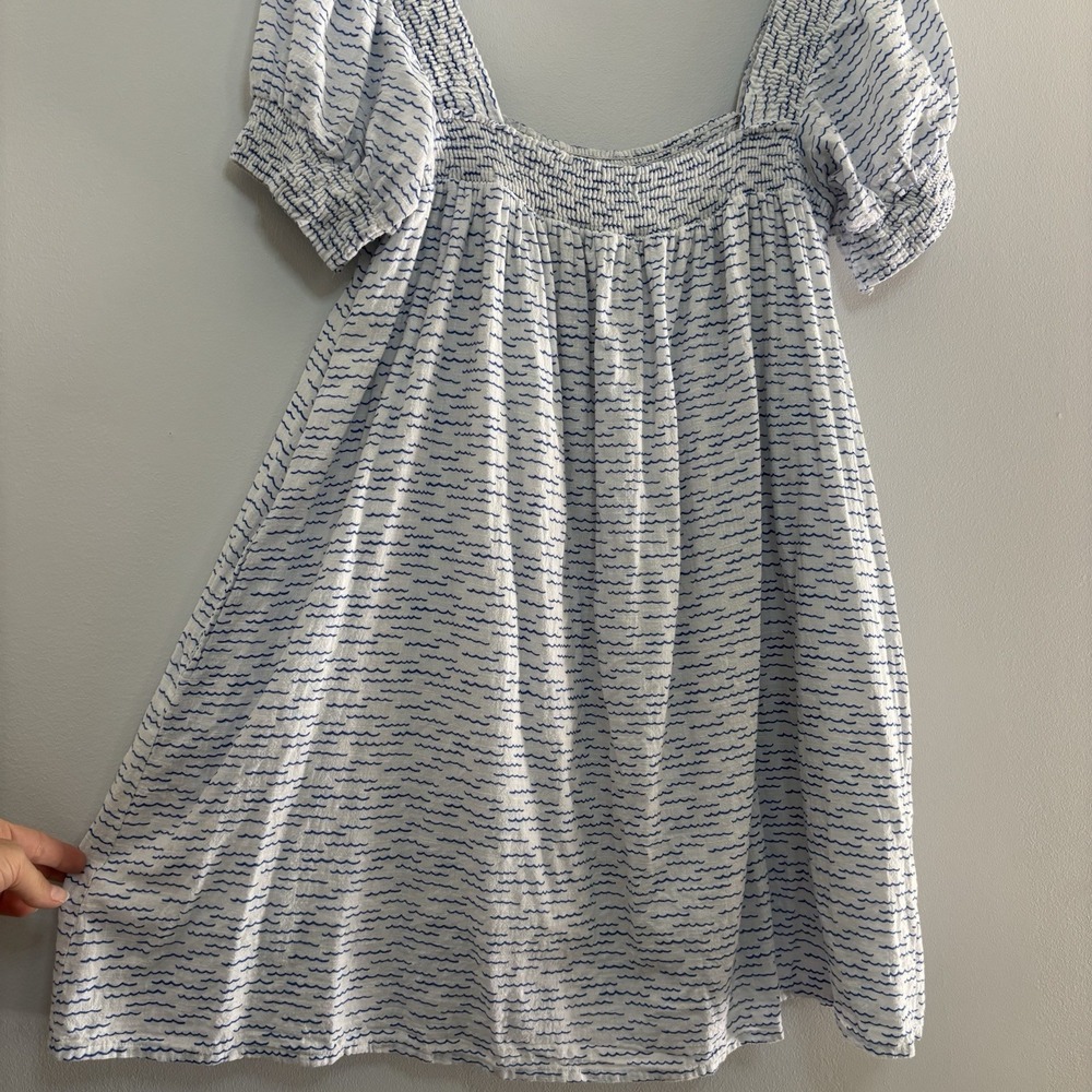 Compania Fantastica Wave Print Babydoll Smock Dress L Beach Resort Puff Sleeve